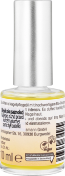 Alterra Bio-Nagelpflegeöl 10 ml w szklanej buteleczce, żółty płyn, srebrna nakrętka, widok przodu.
