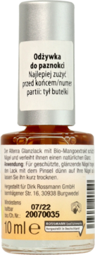 Tył butelki Alterra odżywki nabłyszczającej paznokcie z mango, bursztynowy płyn, srebrna nakrętka, data 07/22.
