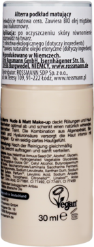 Tył beżowej butelki Alterra Nude & Matt Make-up matującego podkładu, widoczny skład i logo Vegan 30ml.