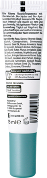 Tył tubki Alterra Nagelpflegecreme 15ml, biało-niebieska, ze składem, kodem kreskowym i recyklingiem.