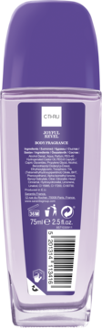 Tył fioletowo-przejrzystej butelki CT-HRU Joyful Revel body fragrance, etykieta ze składem i kodem kreskowym 75ml.