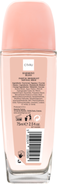 Tył dezodorantu C-THRU Harmony Bliss 75ml, różowa butelka, widoczne składniki, kod kreskowy i etykiety.