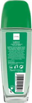 Tył zielonego dezodorantu parfum C THRU Luminous Emerald w butelce roll-on, 75ml, z listą składników.