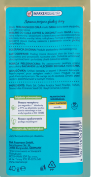 Tył opakowania peelingu Isana Coffee & Coconut, 40g, z polskim tekstem, listą składników i kodem kreskowym.