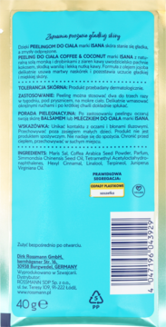 Tył turkusowego opakowania peelingu Isana Coffee & Coconut 40g, składniki, kod kreskowy, recykling.