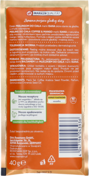 Tył opakowania Isana Coffee & Mango Peeling 40g, pomarańczowo-złota saszetka z polskim tekstem i kodem kreskowym.