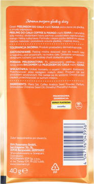 Złoto-pomarańczowy tył opakowania peelingu Isana Coffee & Mango 40g, widoczny polski opis i lista składników.