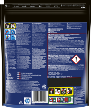 Ciemne opakowanie kapsułek do zmywarki, tył z kodem, instrukcjami i czerwonym ostrzeżeniem.