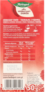 Tył czerwonego opakowania herbaty owocowej Herbapol Truskawka z Poziomką, z tabelą odżywczą i kodem kreskowym.