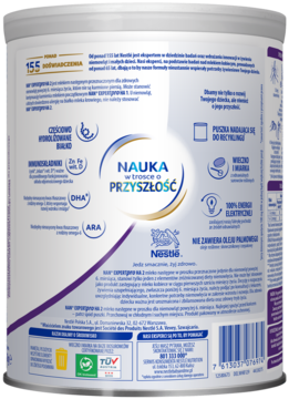 Tył opakowania mleka NAN EXPERTpro HA 2, biała puszka z purpurowymi detalami i opisem składników.