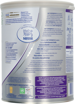 Tył puszki NAN EXPERTPRO HA 3, mleko w proszku, z fioletowo-srebrną etykietą, widoczne składniki i logo Nestle.