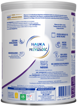 Tył białego opakowania NAN EXPERTPRO HA 3, mleka modyfikowanego. O białku, witaminach C i D, bez oleju palmowego.