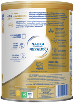 Tył złotej puszki NAN SUPREMEPRO 2, mleka następnego, z polskimi opisami benefitów i składników odżywczych.
