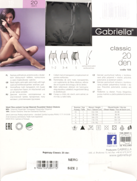 Tył opakowania rajstop Gabriella Classic 20 den, czarne, rozmiar 2, z modelką w tle i tabelą rozmiarów.