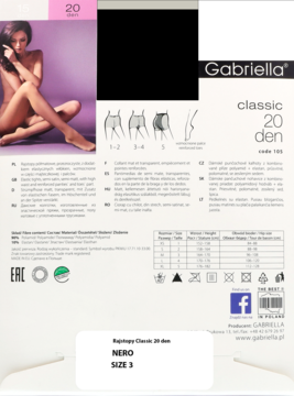 Opakowanie czarnych rajstop Gabriella Classic 20 den. Z przodu modelka, schematy cech i rozmiaru 3.