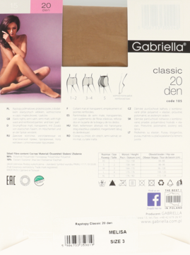 Tył opakowania beżowych rajstop Gabriella Classic 20 den, z informacjami o rozmiarach i składzie.