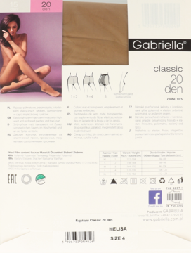Tył opakowania beżowych rajstop Gabriella Classic 20 den Melisa, ze swatch'em materiału, tabelą rozmiarów i składem.