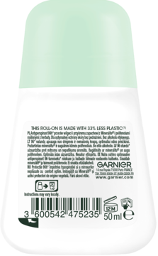 Tył antyperspirantu Garnier Mineral Action Control roll-on 50ml, biała butelka z zieloną zakrętką, widoczne informacje.