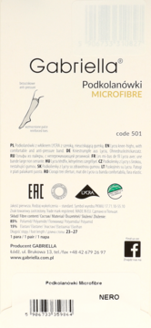 Tył opakowania podkolanówek Gabriella Microfibre Lycra NERO, ze składem 85% poliamid, 15% elastan.
