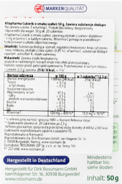 Tył białego opakowania Altapharma Cukierki szałwiowe 50g, bez cukru, z witaminą C, widoczne dane odżywcze.