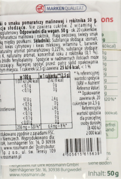 Tył opakowania cukierków Altapharma pomarańcza malina rokitnik, bez cukru, wegańskie, z tabelą wartości.