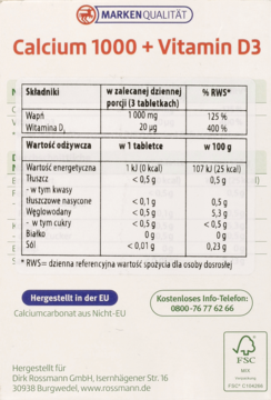 Tył białego opakowania suplementu Rossmann Calcium 1000 + Vitamin D3 z tabelą składników i odżywczych.