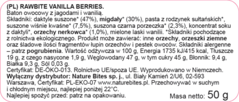Tył opakowania RAWBITE VANILLA BERRIES 50g, baton owocowy, z białą etykietą składników i wartości odżywczych.