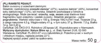 Tył opakowania batonika Rawbite Peanut 50g. Biała etykieta z polskim opisem składu i wartości odżywczych.