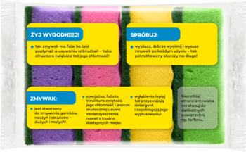 JAN Niezbędny, zestaw 4 falistych zmywaków do naczyń (fiolet, róż, żółty, zielony) w folii, widok z przodu.