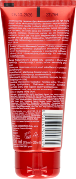 Czerwona tuba regenerującego kremu do rąk SOS 100ml, widok z tyłu z opisem składników i kodem.