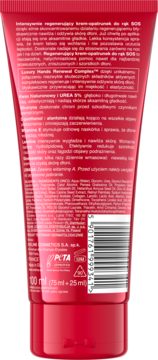 Tył opakowania czerwonego kremu do rąk Eveline SOS 100 ml, z polskim opisem i logo PETA.