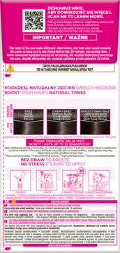 Tył farby Casting Creme Gloss: odcienie brązu, kod QR, instrukcja aplikacji. Trwałość do 32 myć.