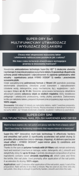 Etykieta Super-Dry 5w1: utwardzacz, wysuszacz do lakieru, z filtrami UV i olejkiem migdałowym, teksty informacyjne.