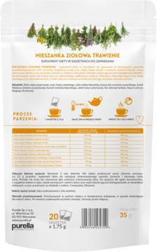 Tył białego opakowania suplementu diety Purella Mieszanka Ziołowa Trawienie, z tabelą składników i grafikami.
