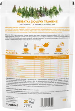 Tył białej torebki Herbatki Ziołowej Trawienie (suplement diety, 20 szt.) z widoczną tabelą składników i opisem.