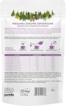 Tył białego opakowania MIESZANKI ZIOŁOWEJ ODCHUDZANIE w saszetkach, z zielonymi ziołami i opisem składu.