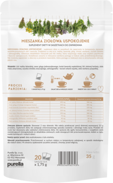 Tył opakowania Purella Mieszanka Ziołowa Uspokojenie, suplement diety, z listą składników i instrukcjami.