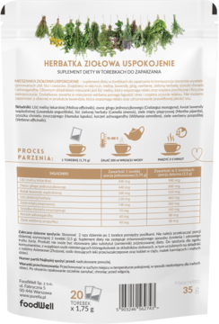 Tył zielonej saszetki Foodwell MIESZANKA ZIOŁOWA USPOKOJENIE, widok składników i sposobu parzenia herbatki.