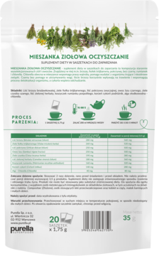 Biały tył opakowania Purella Mieszanka Ziołowa Oczyszczanie, z zielonym tekstem, tabelą składników i instrukcją.