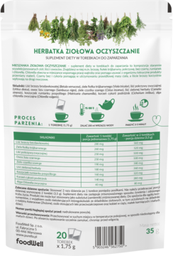 Tył opakowania FoodWell Herbatka ziołowa oczyszczanie, suplement diety, z opisem składu, tabelą i instrukcją.