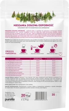 Tył białej torebki MIESZANKA ZIOŁOWA ODPORNOŚĆ Purella, 20 saszetek, z listą składników i opisem.