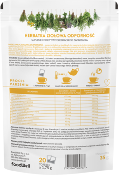 Tył opakowania herbaty ziołowej FoodWell Odporność z tabelą składników, dawkowaniem i instrukcją parzenia.