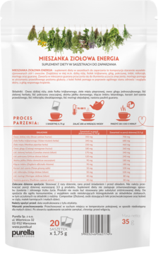 Tył białego opakowania Energetycznej Mieszanki Ziołowej Purella, z polskim opisem składu i przygotowania naparu.