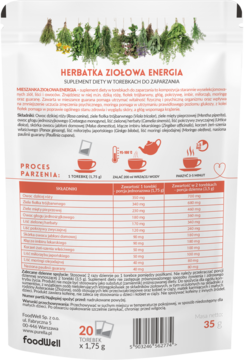 Tył białego opakowania Herbatka Ziołowa Energia foodWell, suplement diety, z widoczną tabelą składników i instrukcjami.