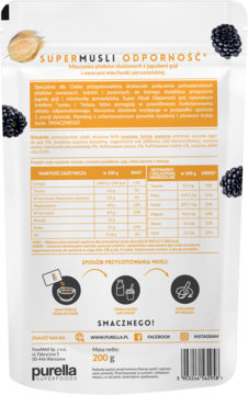 Tył opakowania Purella SuperMusli Odporność: biała torebka, skład płatków zbożowych, goji, miechunka, wspierających odporność.