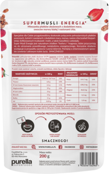 Tył opakowania Purella SUPERMUSLI ENERGIA, mieszanka płatków zbożowych, białe z tabelą wartości odżywczych.