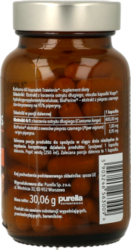 Tył brązowej butelki suplementu Kurkuma Trawienie z etykietą ze składem i dawkowaniem BioPerine.