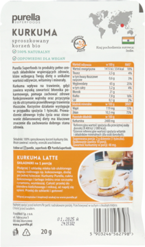 Tył opakowania Purella Superfoods Kurkuma, biało-pomarańczowa saszetka z opisem, tabelą wartości odżywczych i przepisem na latte.