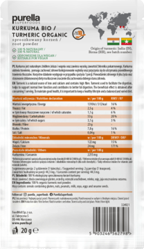 Biały tył opakowania Purella Superfoods Kurkuma BIO, 20g, z tabelą wartości odżywczych.