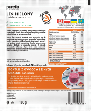Biała torebka Purella Superfoods Len Mielony 180g, smoothie z owocami, widok przodu pod kątem.